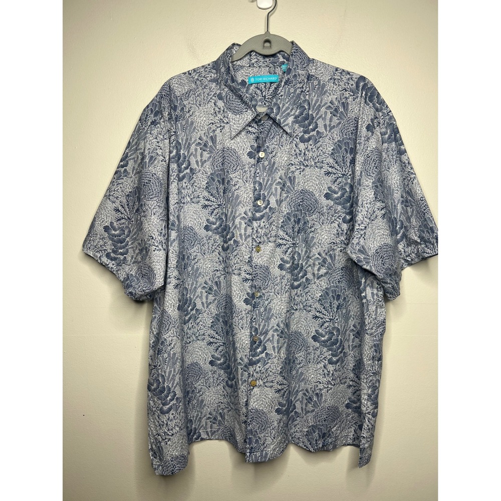 Tori Richard Button Down Men 2XL Blue Coral Reef Print Cotton Lawn Aloha Shirt